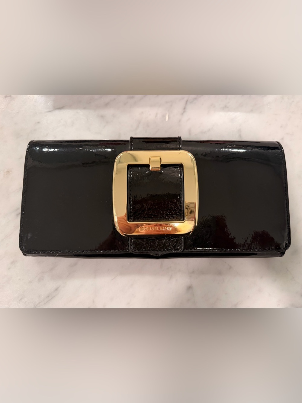 Michael Kors Black Patent Clutch with Gold Buckle